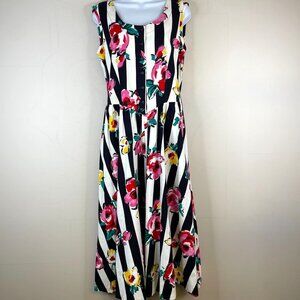 Vintage Women Floral Garden Tea Party Midi Dress Size 10 Stripe Whimsical Alice